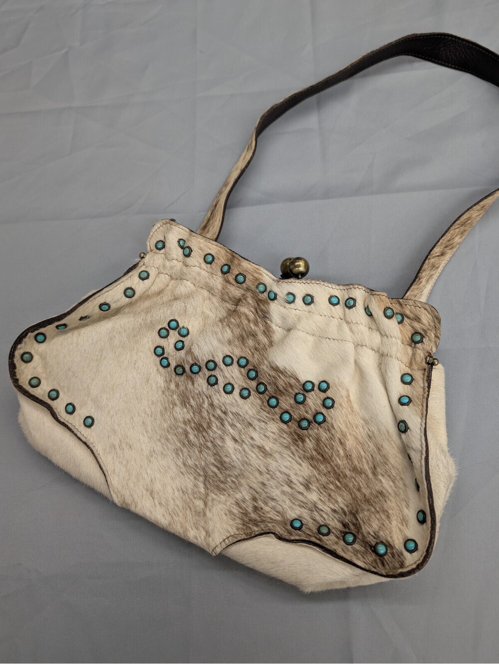 Ezo Vintage Pony Hair Cowhide Purse Turquoise Stud Kiss Lock